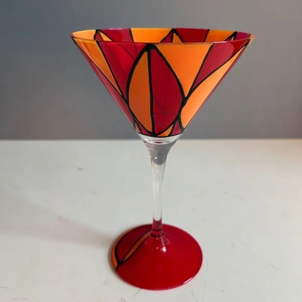 Martini Glasses Hand Painted Colorful Art Glass MCM Cocktail Barware Set Patio‎